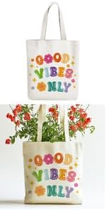 ANATTASOUL Canvas Tote Bag Color Boho Letter Reusable Cotton Bag for Women, Durable Cloth Shoulder Bags with Zipper Pockets for Shopping, Vacation, Work, Gym