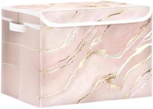 Collapsible Storage Bins with Lids, Rose Gold Pink Marble Storage Boxes for Organizing