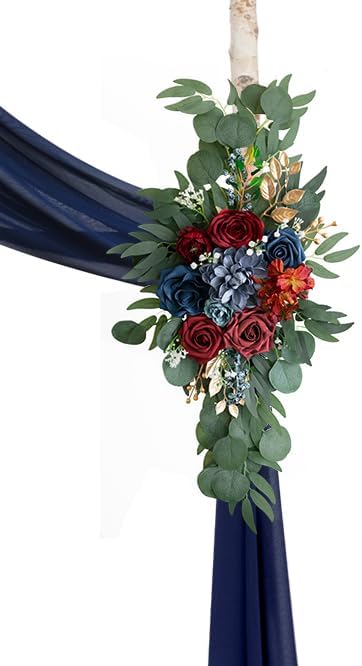 ponatia Artificial Navy Blue Wedding Arch Flowers Kit, Burgundy Flowers with 26Ft Navy Blue Arch Draping Fabric, Flowers for Wedding Arch Ceremony Reception Backdrop Decoration