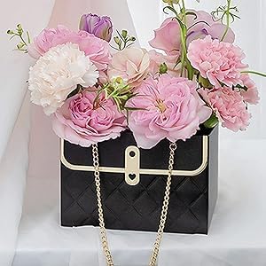 Jemattely Flower Paper Gift Box,Waterproof Bouquet Storage Bucket Florist Handbag with Metal Chain Flower Boxes for Wedding Mother's Day Birthday Bridal Etc Shower Gift Wrap Craft-Black 4 Pcs