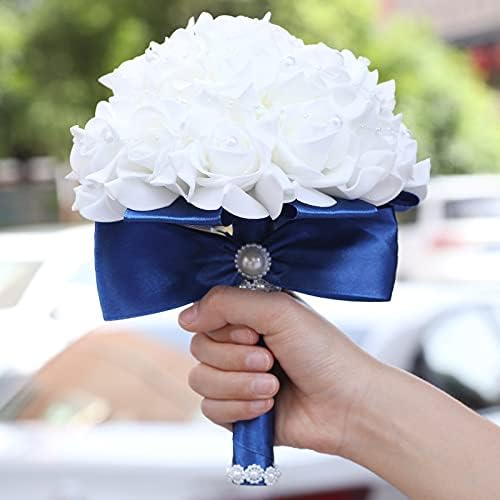 Wedding Bouquets for Brides or Bridesmaids Pearl Embellishment Roses Bridal Bridesmaid Wedding Hand Bouquet Artificial Fake Flowers.(Blue)