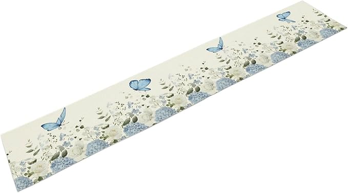 Floral Table Runner, Blue White Flower Butterfly Garden Spring Nature Decoration Table Runner for Kitchen Dining Home Party, 13x70 Inch