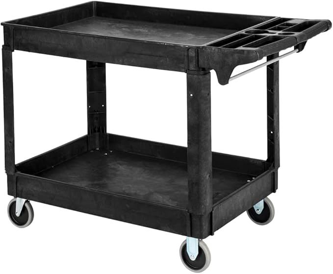 TUFFIOM Plastic Service Utility Cart with Wheels, 550lbs Capacity Heavy Duty Tub Storage Cart W/Deep Shelves, Multipurpose Rolling Extra Large 2-Tier Mobile Storage, for Warehouse Garage Industrial