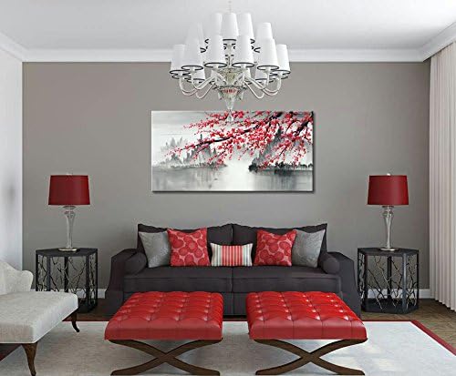 Handmade Traditional Chinese Oil Painting Pink Plum Blossom Canvas Wall Art Modern Black and White Landscape Artwork