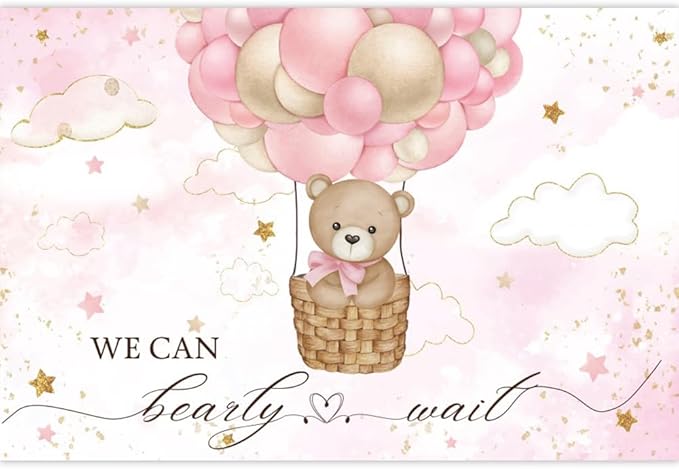 ChloropLastid We Can Bearly Wait Baby Backdrop 12x10ft Girl Bear Hot Air Balloon Baby Shower Photography Background Pink Balloons Clouds Stars Baby Party Cake Photo Decoration