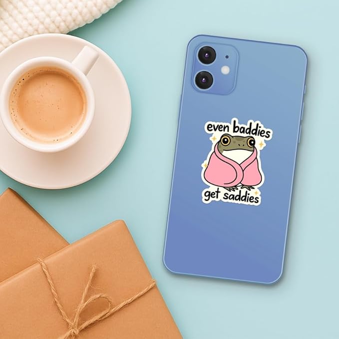 HANDICHI Design 5-Pack 6 Inch Even Baddies Get Saddies Frog Stickers β Funny Mental Health Vinyl Decal Set for Laptops, Water Bottles, Journals & Scrapbooks β Cute Baddie Sticker Pack