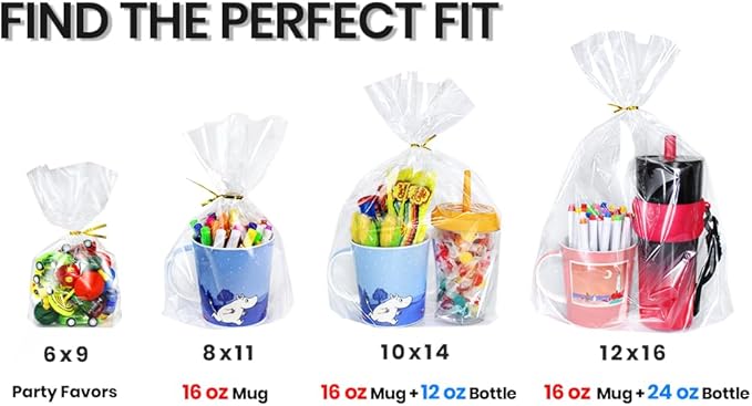 PigPotParty Cellophane Treat Bags 7"x10", 100 Pack Clear Goodie Bags, Bottom Gusset for Stand-Up Display, Small Plastic Gift Wrap for Cookies, Candy, Party Favors, Popcorn, Includes 100 Ties