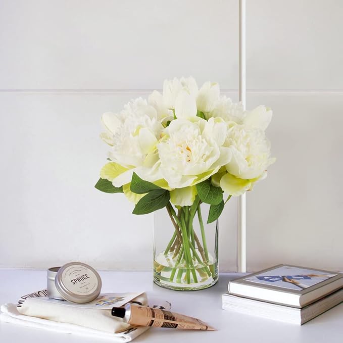 ENOVA FLORAL Artificial Flower Arrangement with Vase, Faux Flower in Vase, Mixed Artificial Real Touch Tulip and Fake Silk Peony Flower in Vase for Decoration Home Office(Cream)