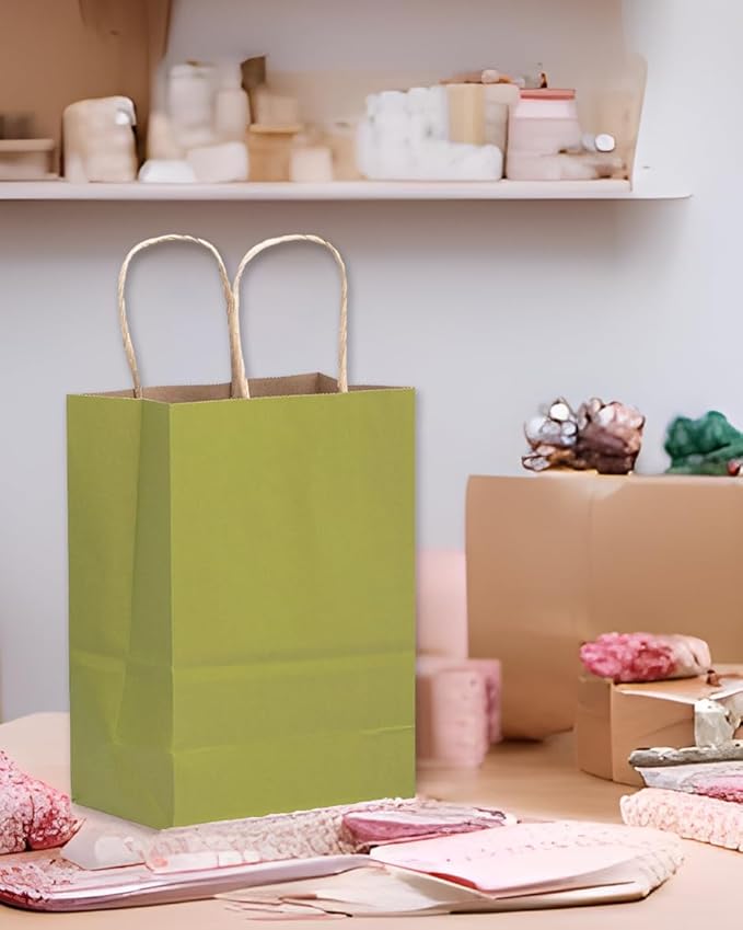 qiqee Large Kraft Paper Bags with Handles 13"x10"x5" 32 pcs Gift Paper Bag Sage Green Solid Color Bags(Large Size)