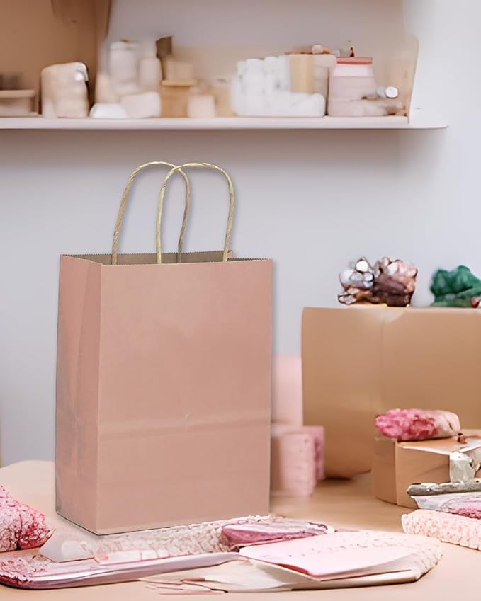 qiqee Large Kraft Paper Bags with Handles 13"x10"x5" 32 pcs Gift Paper Bag Cinnamon Pink Solid Color Bags(Large Size)