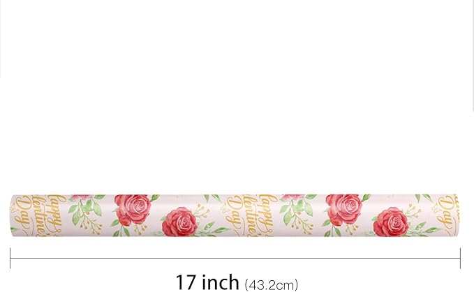 LeZakaa Valentines Wrapping Paper Roll, Pink with Red Rose & Gold “Happy Valentine’s Day” Lettering, Romantic Floral Gift Wrap for Wedding, Anniversary, Birthday, Party, Mini Roll 17in x 16.4 Ft