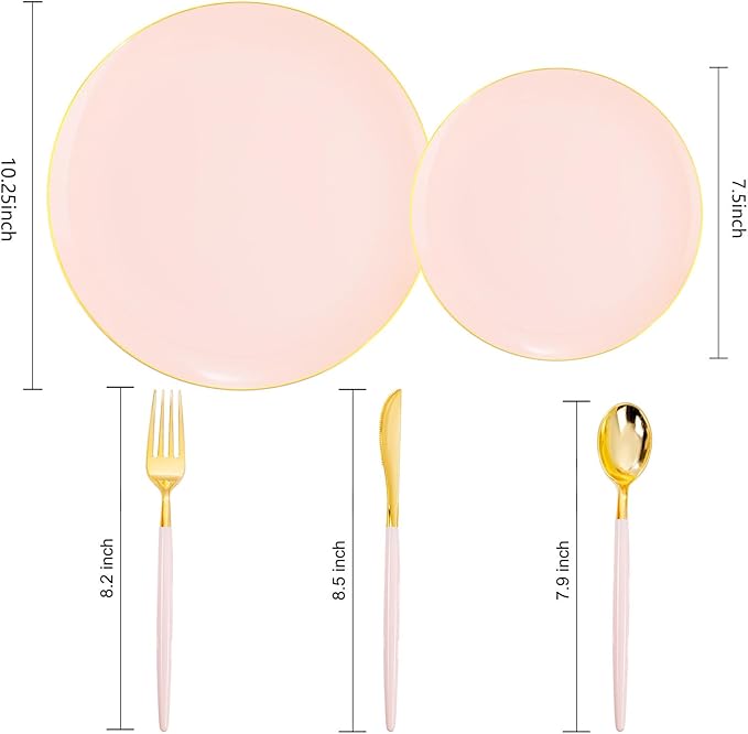 Liacere 150PCS Plastic Plates-Gold Plastic Silverware with Pink Handle - Pink Disposable Plates Include 30 Guests Plates, Forks, Spoons, Knives for Wedding&Easter Day&Mother's Day&Valentine's Day