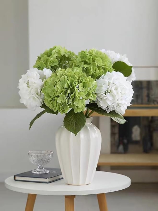 Kimura's Cabin 5Pcs 21inch Real Touch Artificial Hydrangea Flowers Lifelike Latex Hydrangeas Long Stem with Leaves Hydrangea Bouquet for Home Wedding Baby Shower Birthday Party Decoration (Green)