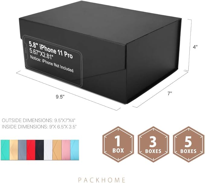 PACKHOME Gift Box 9x6.5x3.8 Inches, Rectangle Collapsible Box with Magnetic Lid for Gift Packaging (Matte Black, Grain Texture)