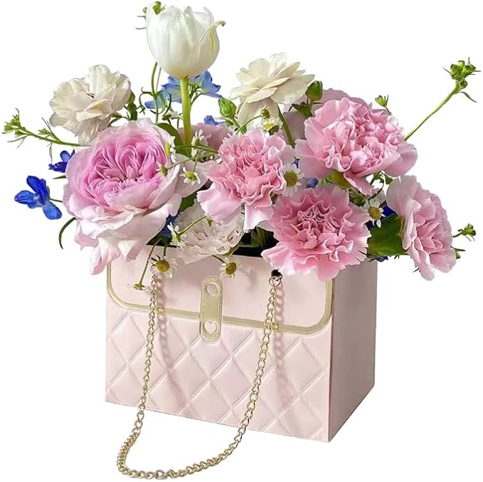 NADUSEP Flower Box Paper Bouquet Storage Bucket, Florist Flower Hand bag with Metal Chain Waterproof for Gifts Wrapping Supplies Bulk Mother's Day Valentine's Day Women's Day (Pink)