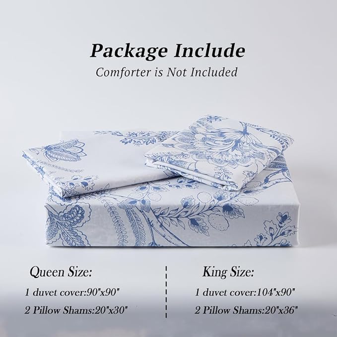 Nayoroom Floral Duvet Cover Set King Size Cottagecore White Blue Flower Leaf Comforter Cover 3Pcs Soft Breathable Microfiber Pastoral Garden Aesthetic Bedding Set with Zipper Closure