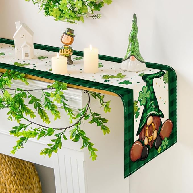 Artoid Mode Shamrock Buffalo Plaid Gnomes Lucky St. Patrick's Day Table Runner, Kitchen Dining Table Decor for Outdoor Home Party Decor 13 x 90 Inch