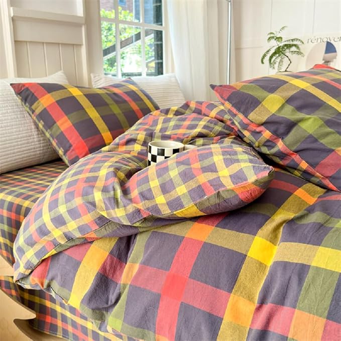 LifeTB Twin XL Comforter Set Modern Style Plaid Checkered Pattern Comforter with 2 Pillowcases Gingham Bedding Comforter Set Multicolor Grid Bed Comforter Fluffy Lightweight Bedding Set Twin XL