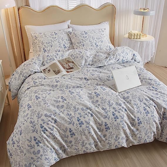 LifeTB Vintage Style Cotton Floral Duvet Cover Queen Boho Blue Floral Bedding Sets Chic Shabby Aesthetic Floral Comforter Cover Soft Botanical Bedding Sets 1 Queen Duvet Cover 2 Pillow Shams