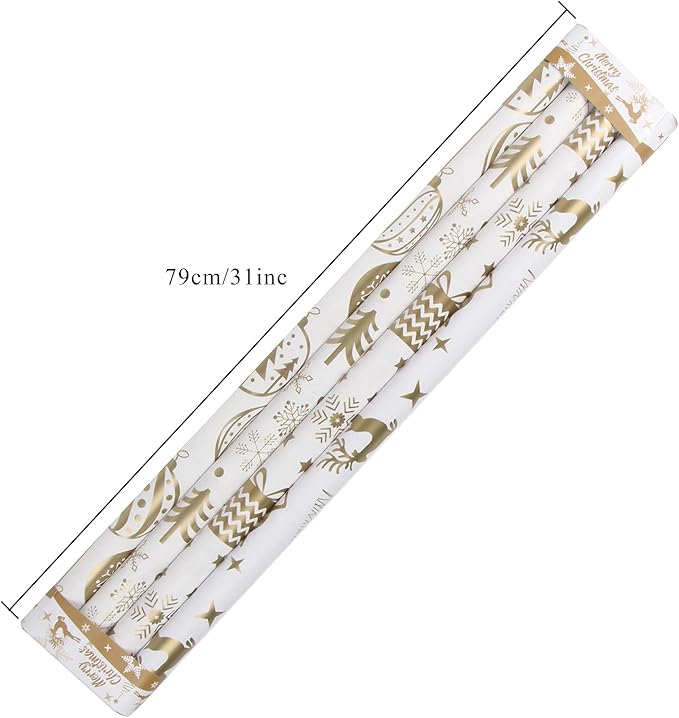 KIMOBER 4 Rolls Christmas Wrapping Paper with Cut Lines on Reverse,Coated Paper with Golden Christmas Elements(30in × 144in Per Roll)