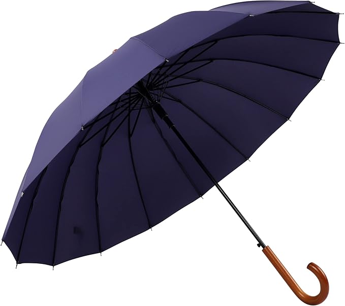 SoulRain 16 Ribs 48" Stick Umbrella Auto Open Solid Color Fashionable and Simple,Arc Classic Wood Handle,Windproof Unbreakable Stick Rain Umbrella