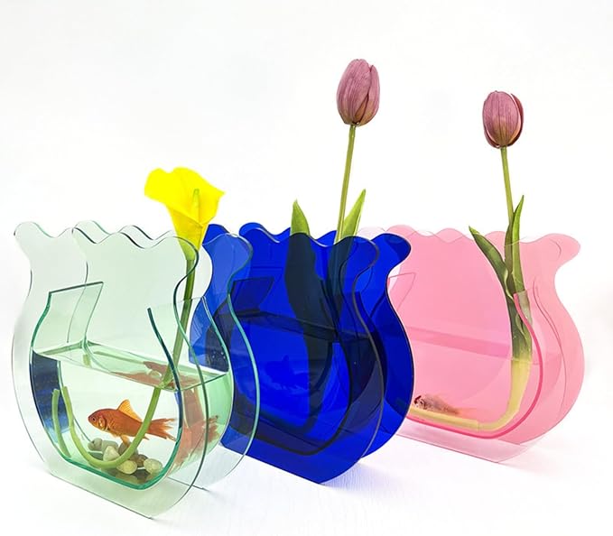 Acrylic Fish Bowl Flower Vase for Small Fish or Plant, Clear Dual-Purpose Decorative Vase for Home Office Desk, Modern Bud Design Tabletop Décor (Transparent, Regular Size)