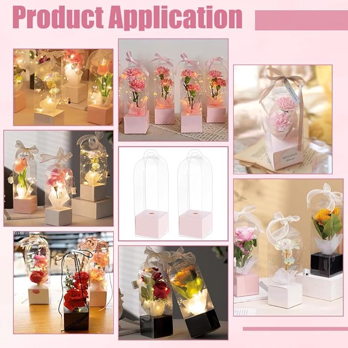 BENECREAT 12Pcs Single Rose Flower Box Empty Bag, Clear Flower Packing Boxes Flower Gift Boxes for Graduation Wedding Birthday Floral Gift Floral Arrangement Supply, Pink