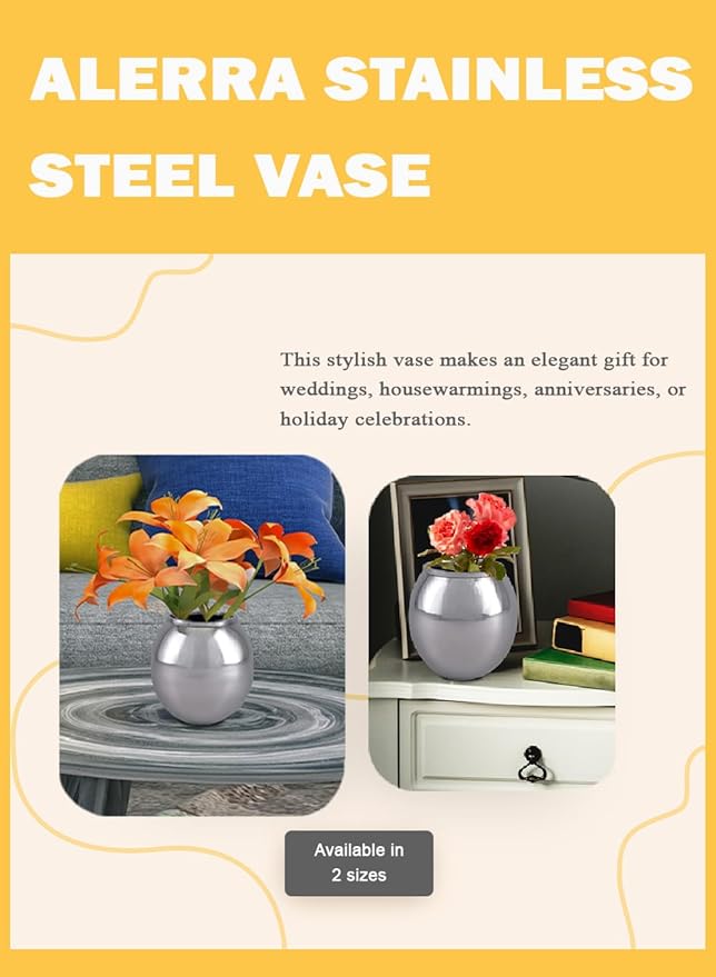 Serene Spaces Living Alerra Stainless Steel Vase, Round Modern Silver Flower Vase, Minimalist Metal Accent for Home, Office, Wedding, or Event Centerpieces, Ideal Gift, 6.5" Diameter & 6.5" Tall