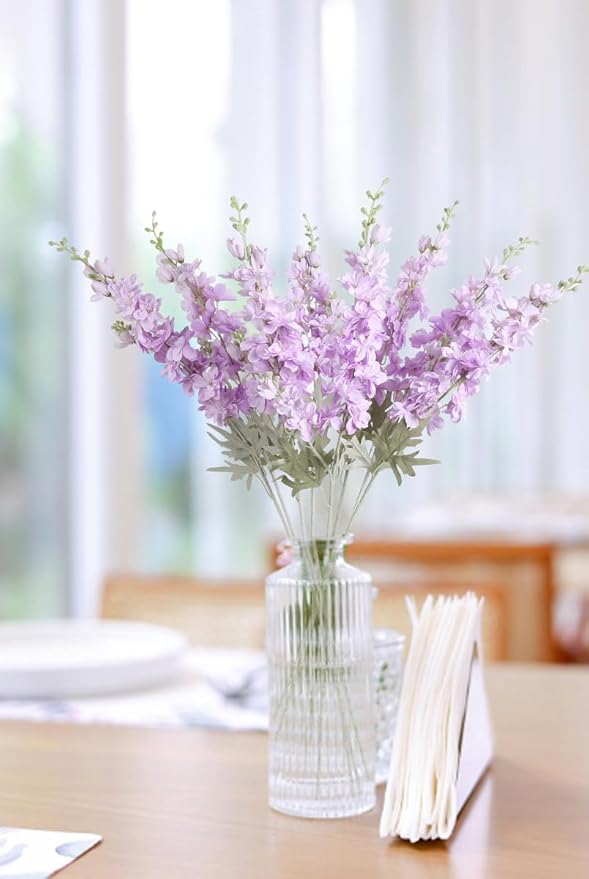 8PCS Purple Delphinium Artificial Flowers 33.5in Long Stem Larkspur Fake Silk Flowers for Tall Vase Faux Flowers for Home Wedding Baby Shower Floral Arrangement Centerpiece Table Decor (Purple)