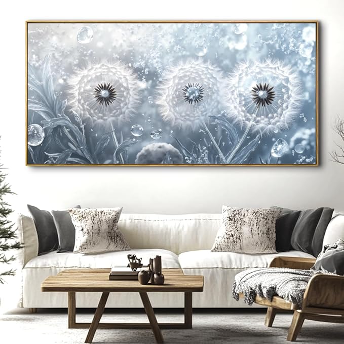 Dandelion Landscape Abstract Wall Art - Large Framed Canvas Painting for Living Room, Bedroom, Modern Artwork Decor - 40x20 Inch Ready-to-Hang