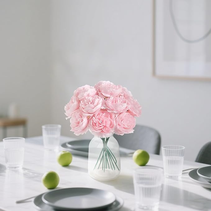 12 PCS Artificial Silk Pink Peony Flowers with Stems - 8 Inch Fake Peony Bouquet for Wedding, Home Decor, Office Table, Festival Gifts
