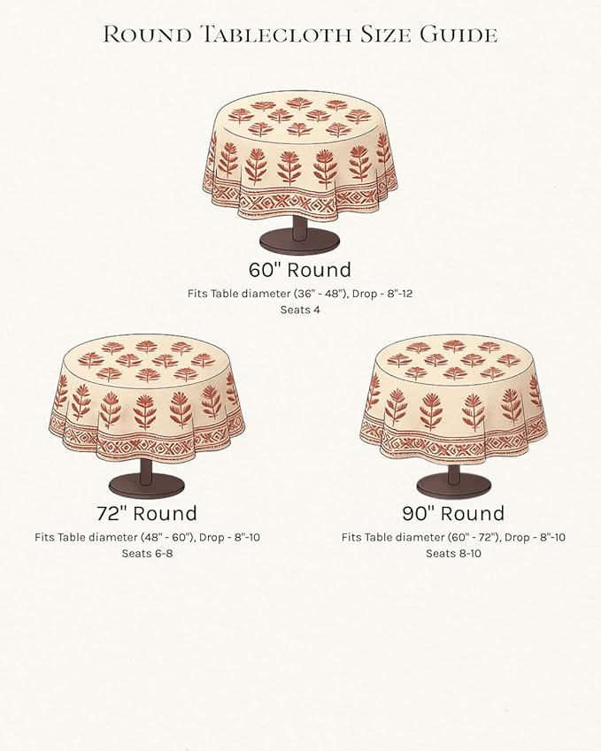 ATOSII Ambrosia 100% Cotton Round Boho Fall Tablecloth, Handblock Floral Table Cloth Linen for Kitchen Dining I Parties Wedding Outdoors Holidays I Fall Home Decor 60" Inches Round
