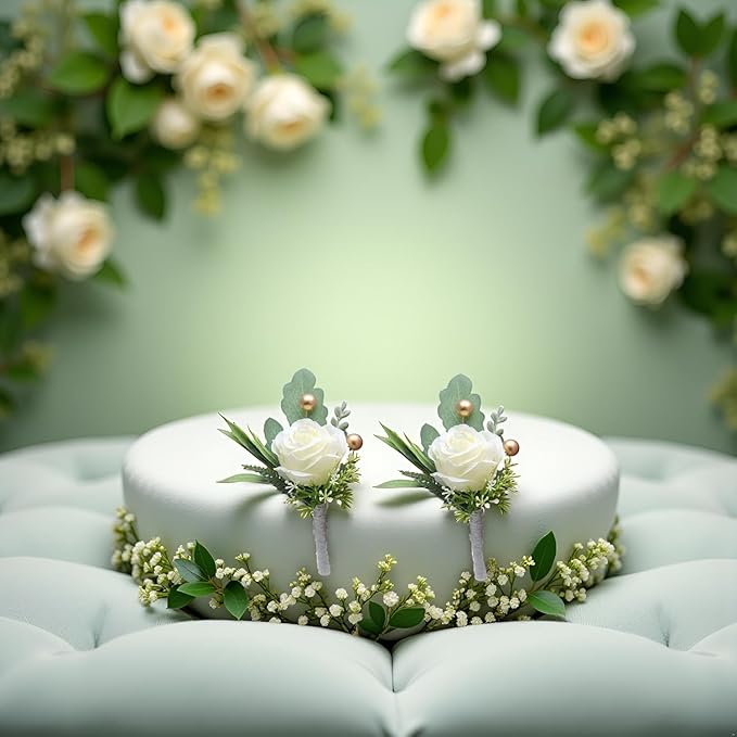 2Pcs Roses Boutonniere for Men Wedding, Groom Groomsman Artificial White Rose Flowers with pins for Wedding Anniversary Celebration,Prom,Party,Home Decoration Artificial Flowers