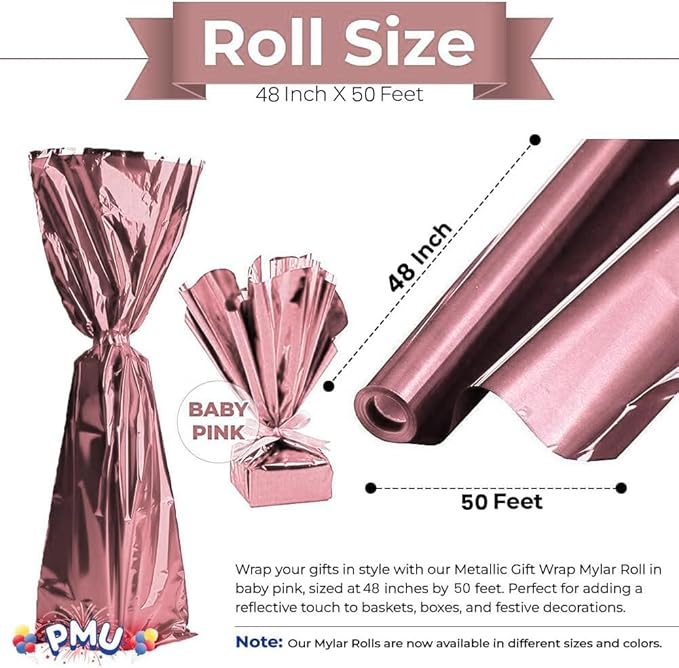 PMU Gift Wrap Mylar Roll Metallic Baby Pink 2-sided, 48 Inches X 50 Ft Roll 1.4 Mil Highly Reflective Mylar Film, Great for Gifts, Birthdays, Christmas, Baskets, Arts & Crafts