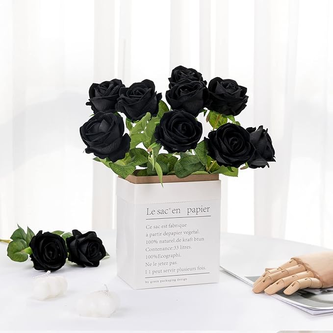 Hawesome Fake Roses Artificial Silk Flowers - 12 Pcs Black Roses Artificial Faux Flowers with Stems for Home Wedding Centerpiece Hotel Office Decor