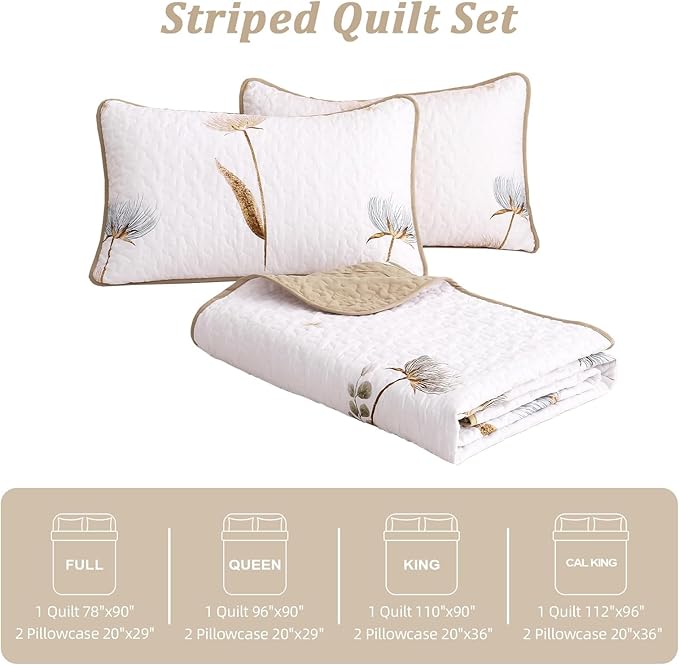 Dinjoy King Size Quilt Set Floral,3 Pieces Khaki/Beige Farmhouse Quilts Lightweight Fall Bedspreads Flower Pattern Coverlet Bed Set White Boho King Quilt Bedding Sets for All Season(110"x90")