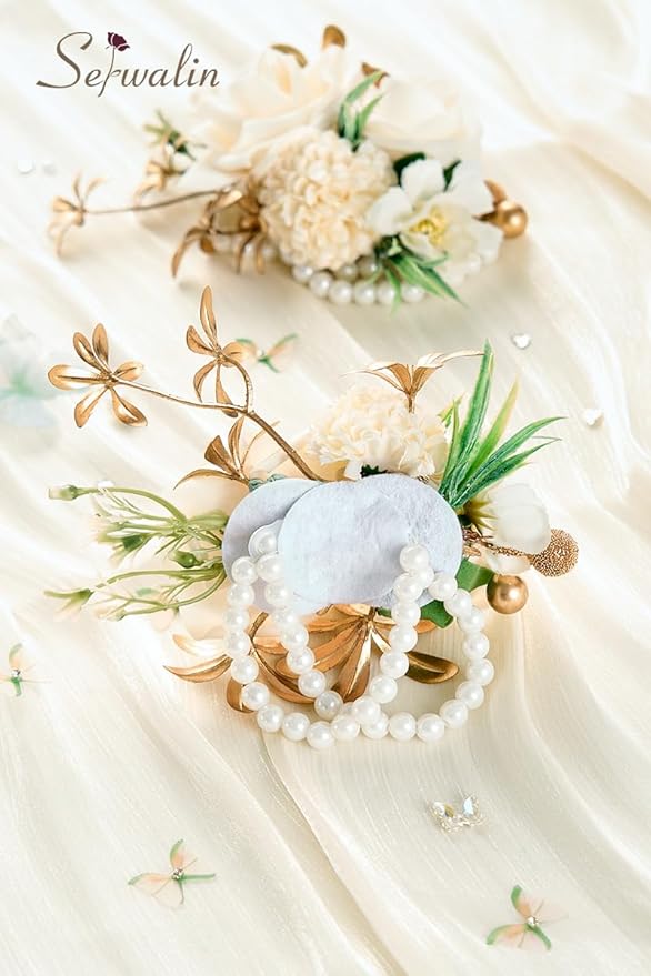 Serwalin 2 Pcs Champagne Wrist Corsage for Wedding, Corsages Wristlet for Bridesmaid Mother Grandmother, Artificial Flowers for Prom Ceremony Anniversary