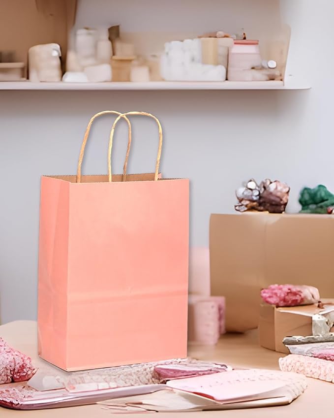 qiqee Large Kraft Paper Bags with Handles 13"x10"x5" 32 pcs Gift Paper Bag Bright Pink Solid Color Bags(Large Size)