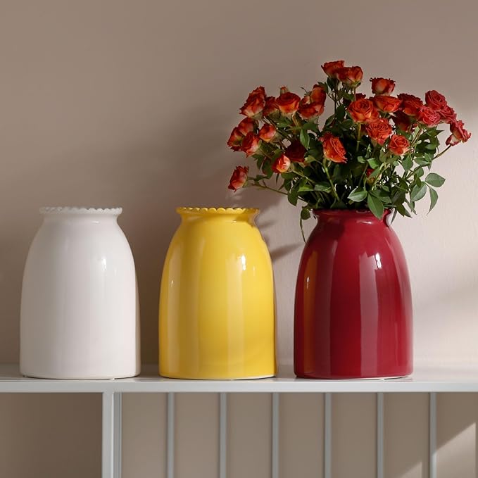 hjn Red Flower Vase- Ceramic Vase for Decor, White vase for Flowers, Modern Vases for Living Room/Home Decor Accents/Entryway/Mantel/Bookshel-Red