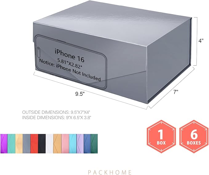 PACKHOME Gift Box 9x6.5x3.8 Inches, Rectangle Collapsible Box with Magnetic Lid for Gift Packaging (Glossy Gray)