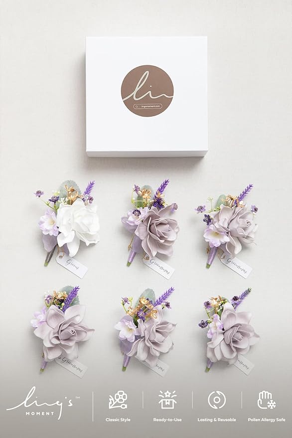 Ling's moment Boutonniere for Men, 6pcs Groom Groomsmen Boutonniere, Artificial Flowers for Wedding Decor/Prom/Homecoming, etc.Purple Lilac Lavender