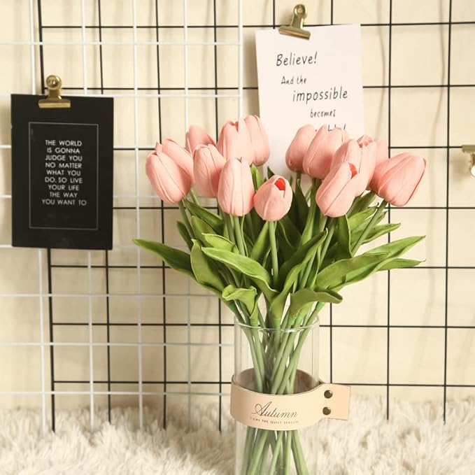 DEEMEI Tulips Artificial Flowers 20 Pcs Pink Fake Tulip Stems Real Touch PU Tulips for Easter Spring Wedding Bouquet Home Centerpiece Floral Arrangement Table Décor