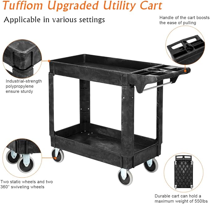 TUFFIOM Plastic Service Utility Cart with Wheels, 550lbs Capacity Heavy Duty Tub Storage Cart W/Deep Shelves, Multipurpose Rolling 2-Tier Mobile Storage Organizer, for Warehouse Garage Industrial