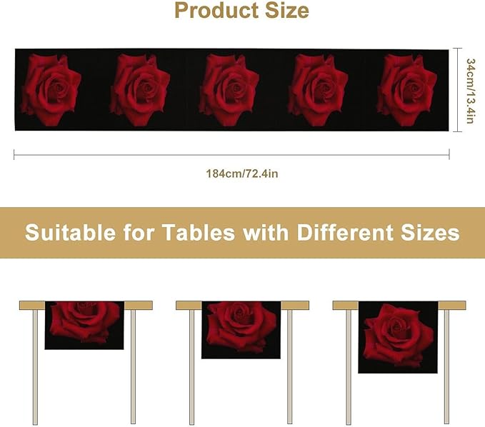 Red Rose Table Runner,Romantic Flower Black Table Runner for Indoor Outdoor Holiday Home Wedding Party 13x70 Inch
