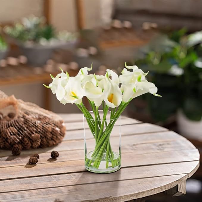 ENOVA HOME 20 Pieces Artificial Real Touch Lilies Flower Arrangement in Glass Vase with Faux Water for Home Decoration (White)