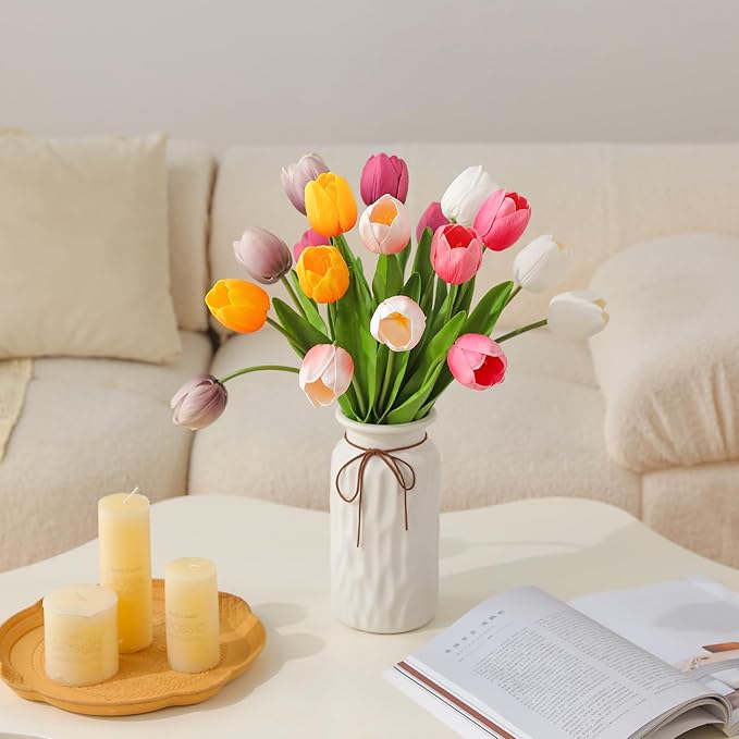 10PCS Artificial 18.5" Long Stem White Tulips Bouquet PU Flowers, Fake 6 Color Tulip Faux Flowers with Bendable Stems for Floral Table Wedding Home Decor