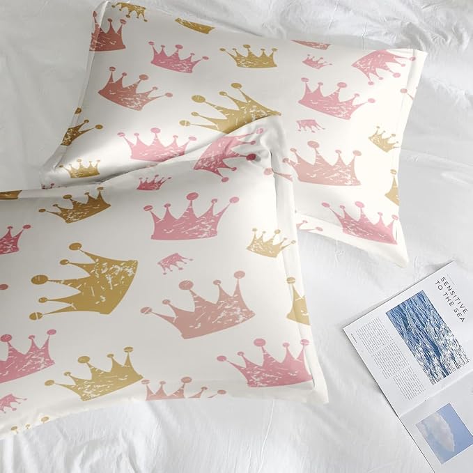 Comforter Set Twin Size, Cute Kids Crown 5 Pcs Bedding for Kids and Adults, Pink Princess Girls Bed Sheet Sets with Fitted Sheet Pillowcase & Sham for Bedroom Bed Decor