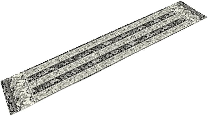Vintage Bohemian Table Runner, Striped Black Grey Paisley Flower Boho Table Runner for Kitchen Dining Holiday Home Party, 13x90 Inch