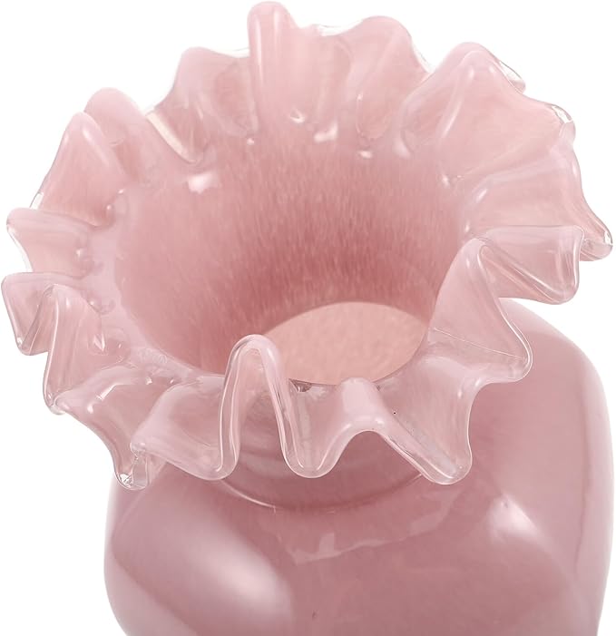 Handblown Glass Flower Vase Pink Pearl Wave Mouth Decorative Floral Arrangement Holder for Home Table Office Wedding Centerpiece Modern Artistic Accent