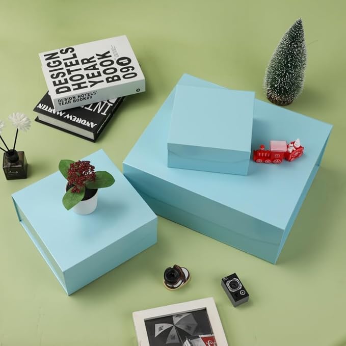6 Pcs Small Blue Gift Box 6x6x3 Inch Magnetic Gift Box with Crinkle Paper Luxury Gift Boxes with Lids for Presents